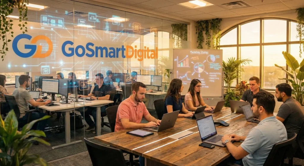 People working together at the GoSmartDigital office.